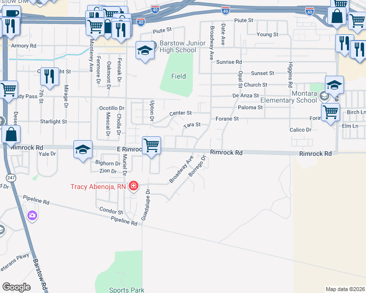 map of restaurants, bars, coffee shops, grocery stores, and more near 940 Cactus Court in Barstow
