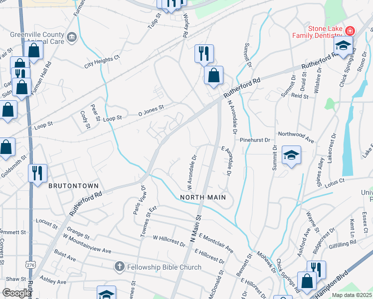 map of restaurants, bars, coffee shops, grocery stores, and more near 1 Parkside Drive in Greenville
