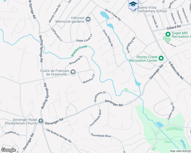 map of restaurants, bars, coffee shops, grocery stores, and more near 128 Waterloo Circle in Greer