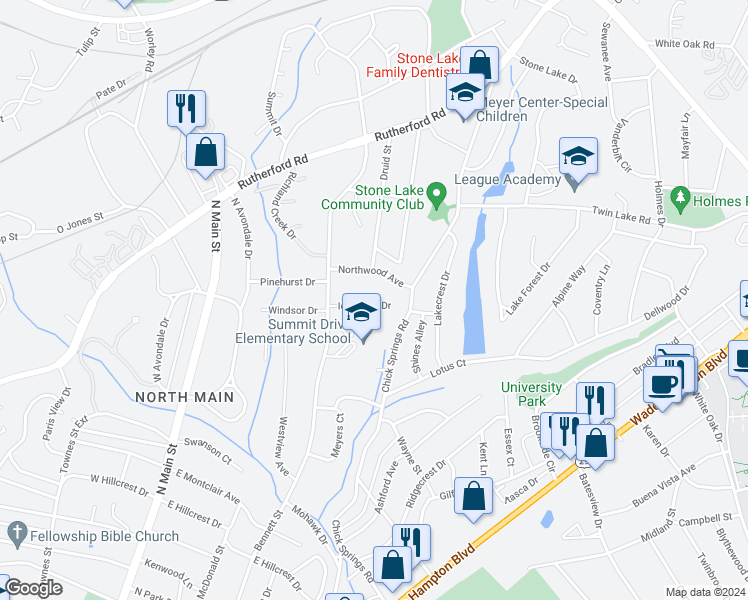 map of restaurants, bars, coffee shops, grocery stores, and more near 23 Idlewood Drive in Greenville