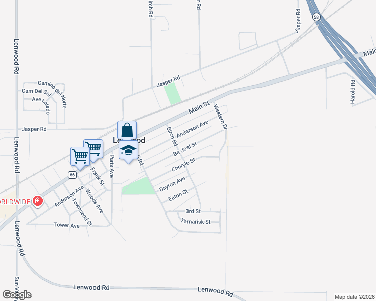 map of restaurants, bars, coffee shops, grocery stores, and more near 25543 Bejoal Street in Barstow