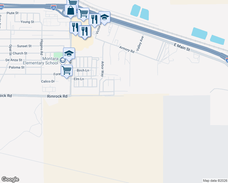 map of restaurants, bars, coffee shops, grocery stores, and more near 2134 Sierra Linda Drive in Barstow
