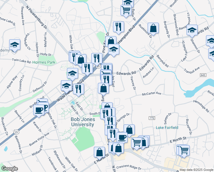map of restaurants, bars, coffee shops, grocery stores, and more near 1348 North Pleasantburg Drive in Greenville