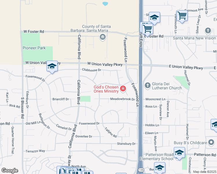 map of restaurants, bars, coffee shops, grocery stores, and more near 4366 Foxburrow Court in Santa Maria