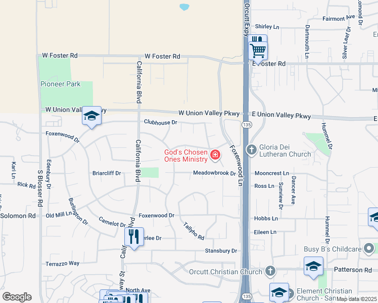 map of restaurants, bars, coffee shops, grocery stores, and more near 4366 Foxburrow Court in Santa Maria