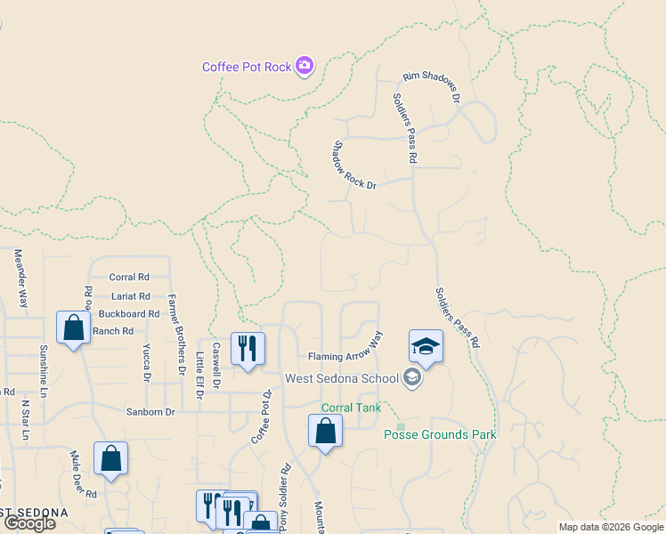 map of restaurants, bars, coffee shops, grocery stores, and more near 70 Eagle Dancer Road in Sedona