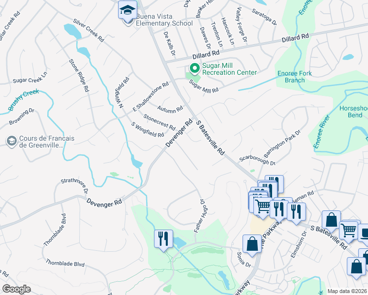 map of restaurants, bars, coffee shops, grocery stores, and more near 12 Springhead Way in Greer