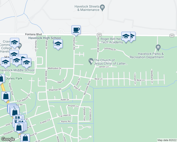 map of restaurants, bars, coffee shops, grocery stores, and more near 604 Hayden Court in Havelock
