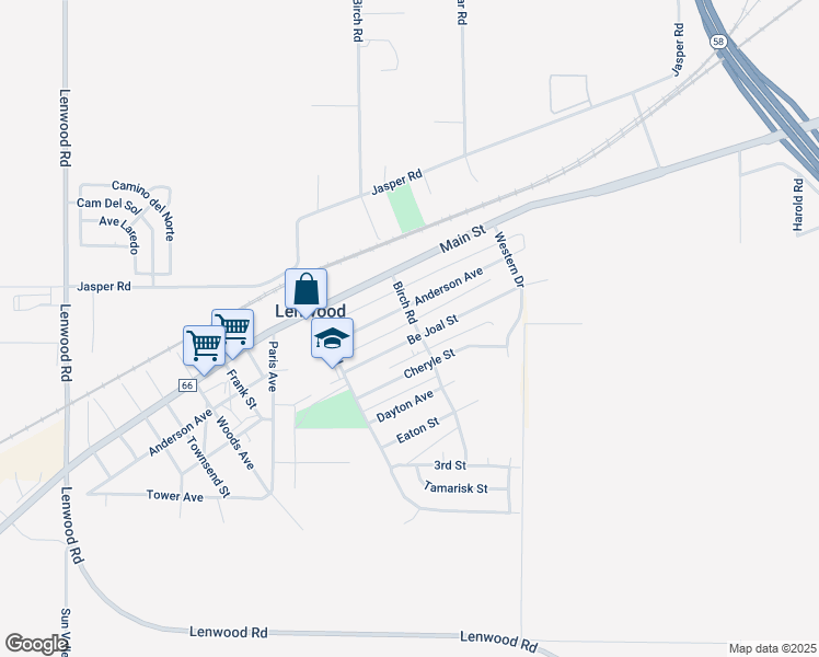 map of restaurants, bars, coffee shops, grocery stores, and more near 34448 Birch Road in Barstow