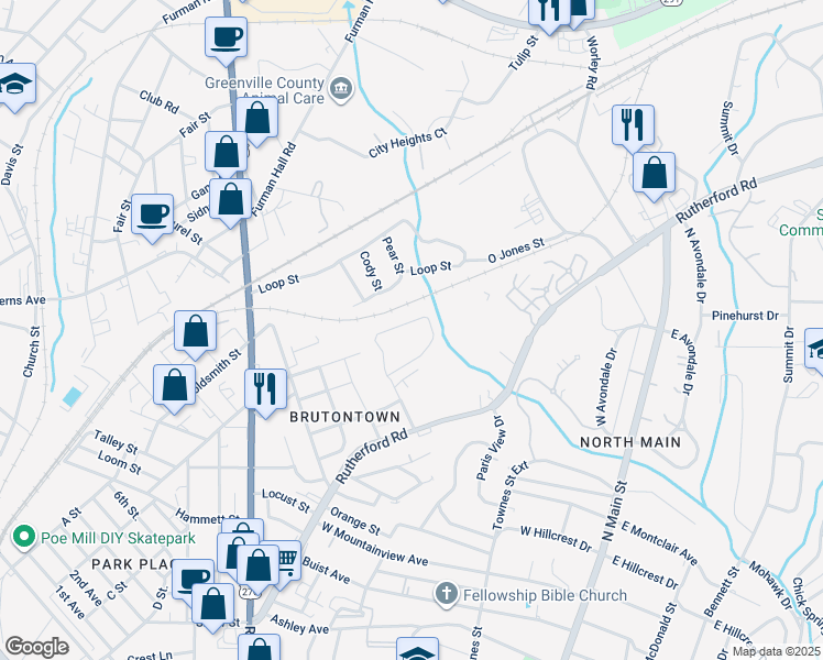 map of restaurants, bars, coffee shops, grocery stores, and more near 107 Boling Circle in Greenville