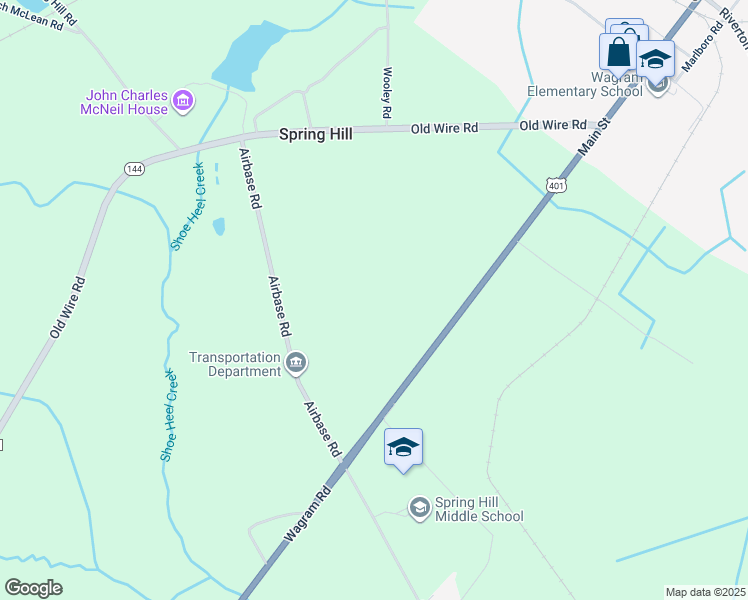 map of restaurants, bars, coffee shops, grocery stores, and more near 23326 Wagram Road in Wagram