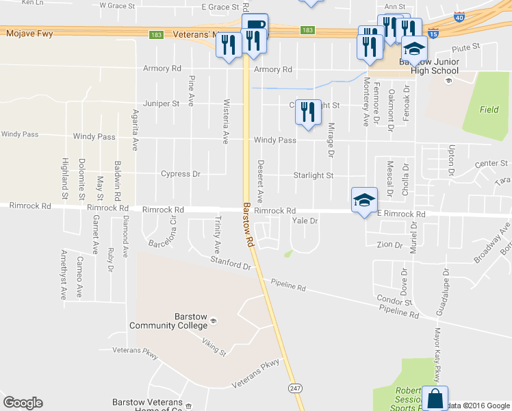map of restaurants, bars, coffee shops, grocery stores, and more near 500 Rimrock Road in Barstow