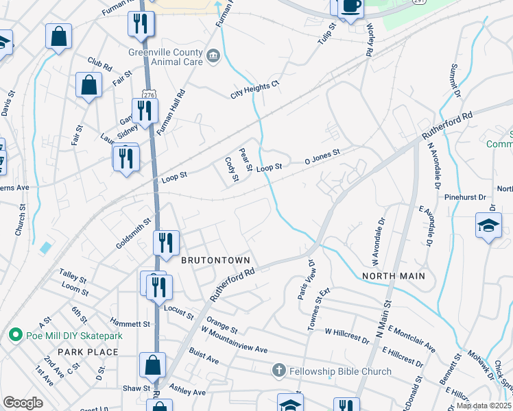 map of restaurants, bars, coffee shops, grocery stores, and more near 107 Boling Circle in Greenville
