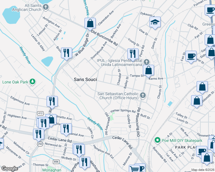 map of restaurants, bars, coffee shops, grocery stores, and more near 404 Morris Street in Greenville
