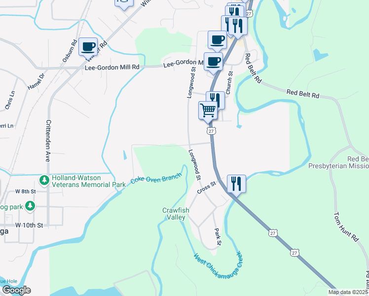 map of restaurants, bars, coffee shops, grocery stores, and more near 300 Longwood Street in Chickamauga