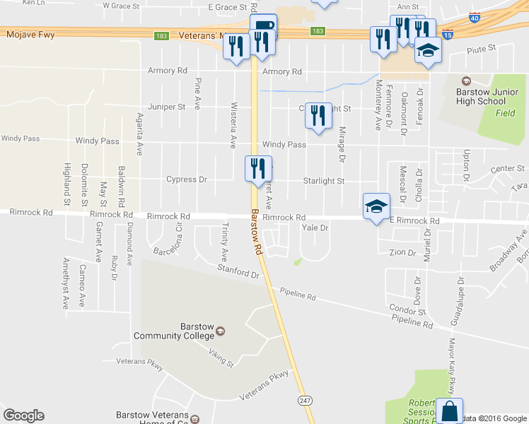 map of restaurants, bars, coffee shops, grocery stores, and more near 1390 Deseret Avenue in Barstow
