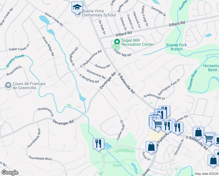 map of restaurants, bars, coffee shops, grocery stores, and more near 12 Springhead Way in Greer