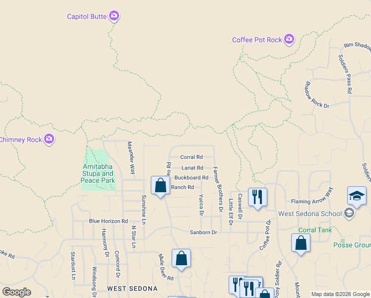 map of restaurants, bars, coffee shops, grocery stores, and more near 2305 Corral Road in Sedona