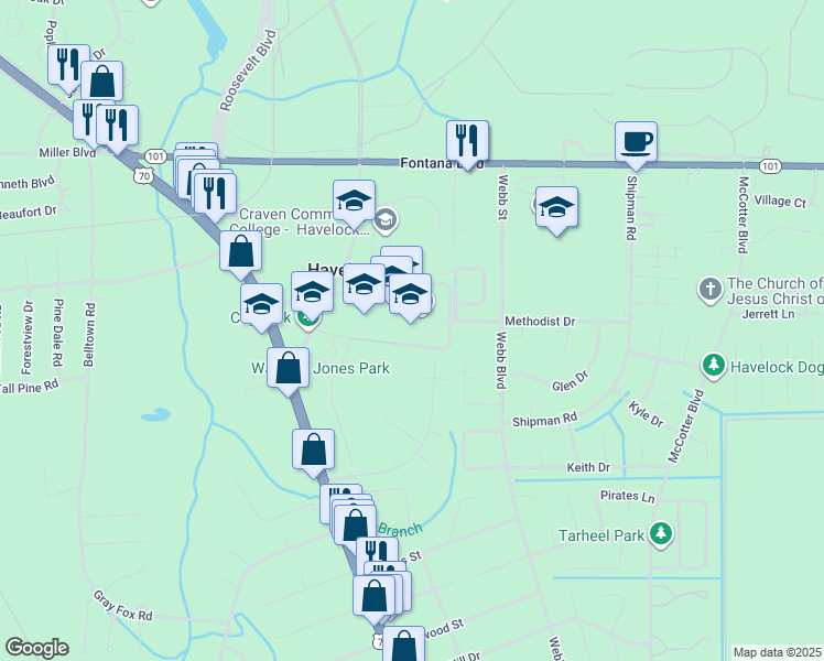 map of restaurants, bars, coffee shops, grocery stores, and more near 102 Middle School Lane in Havelock