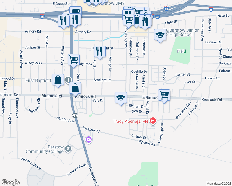 map of restaurants, bars, coffee shops, grocery stores, and more near 1360 Sunshine Drive in Barstow