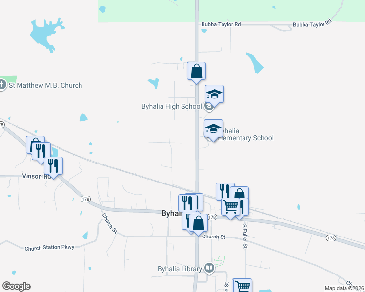 map of restaurants, bars, coffee shops, grocery stores, and more near 161 Mississippi 309 in Byhalia