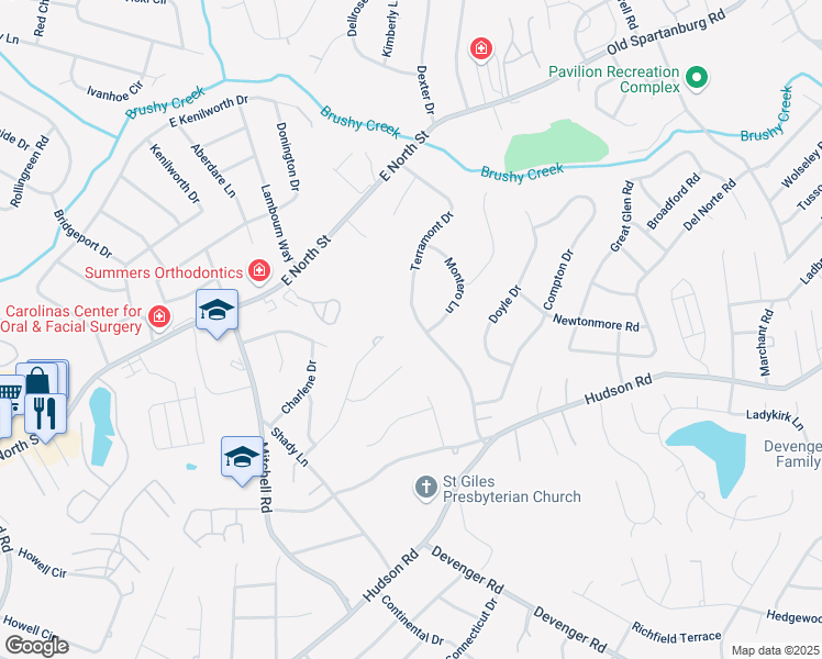 map of restaurants, bars, coffee shops, grocery stores, and more near 11 Windy Court in Greenville
