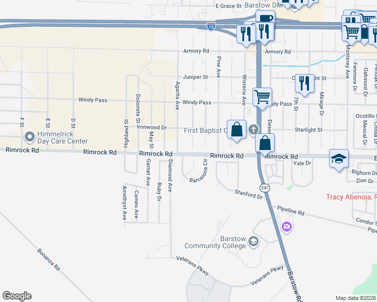 map of restaurants, bars, coffee shops, grocery stores, and more near 1380 Savanna Drive in Barstow