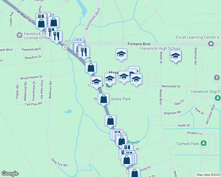map of restaurants, bars, coffee shops, grocery stores, and more near 201 Cunningham Boulevard in Havelock