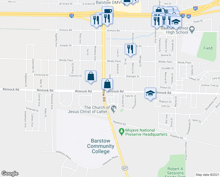 map of restaurants, bars, coffee shops, grocery stores, and more near 500 Rimrock Road in Barstow