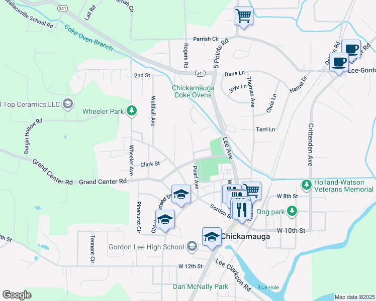 map of restaurants, bars, coffee shops, grocery stores, and more near 905 West 6th Street in Chickamauga