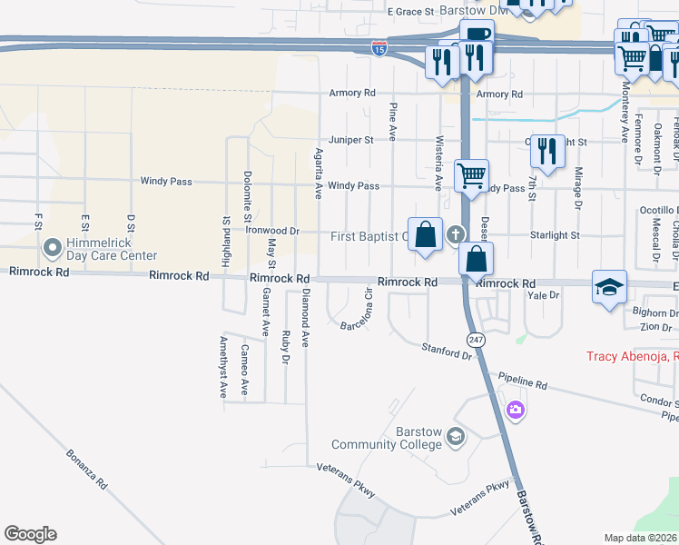 map of restaurants, bars, coffee shops, grocery stores, and more near 1380 Savanna Drive in Barstow