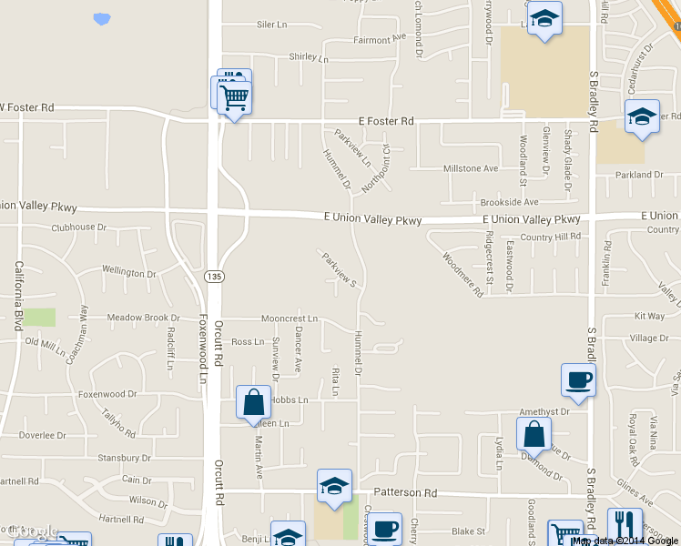 map of restaurants, bars, coffee shops, grocery stores, and more near 338 East Hemlock Way in Orcutt