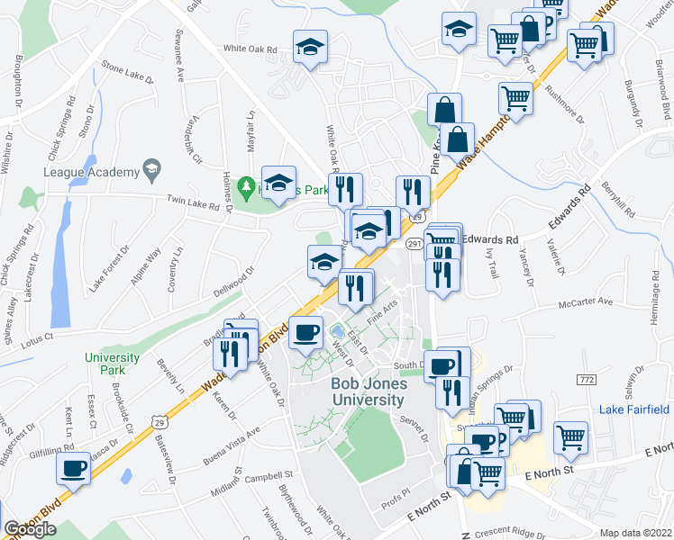 map of restaurants, bars, coffee shops, grocery stores, and more near 1805 Wade Hampton Blvd in Greenville