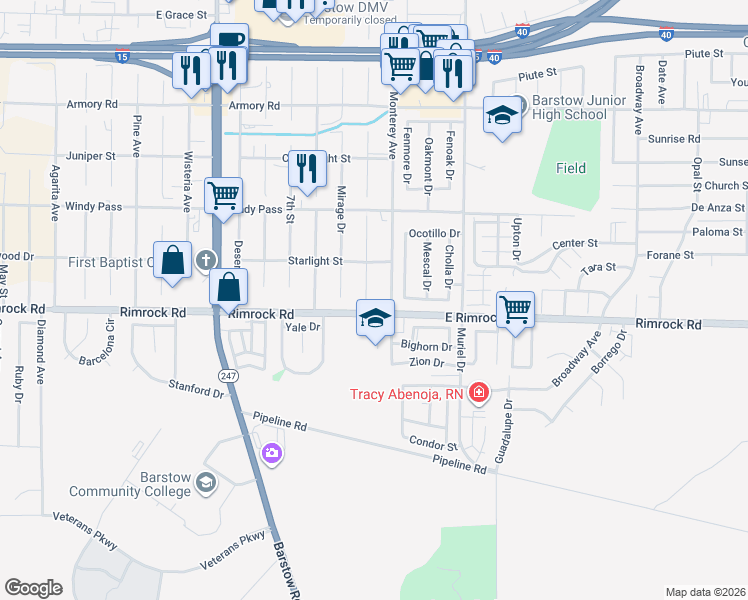 map of restaurants, bars, coffee shops, grocery stores, and more near 1311 10th Street in Barstow
