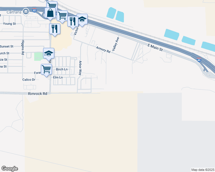 map of restaurants, bars, coffee shops, grocery stores, and more near Sierra Linda Drive in Barstow