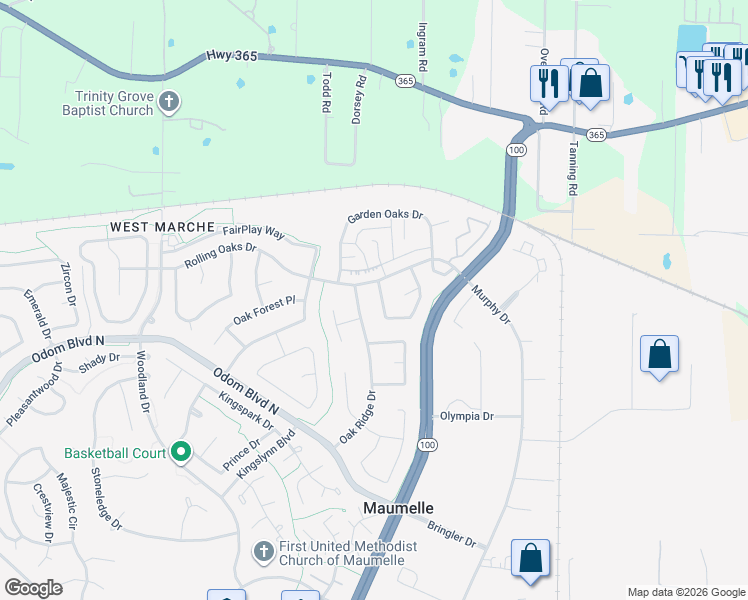 map of restaurants, bars, coffee shops, grocery stores, and more near 50 High Timber Drive in Maumelle
