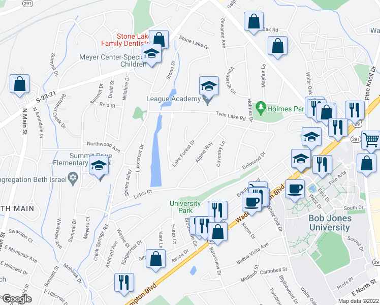 map of restaurants, bars, coffee shops, grocery stores, and more near 86 Lake Forest Drive in Greenville