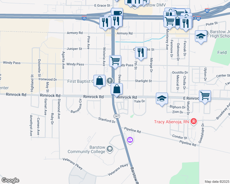 map of restaurants, bars, coffee shops, grocery stores, and more near 1381 Barstow Road in Barstow