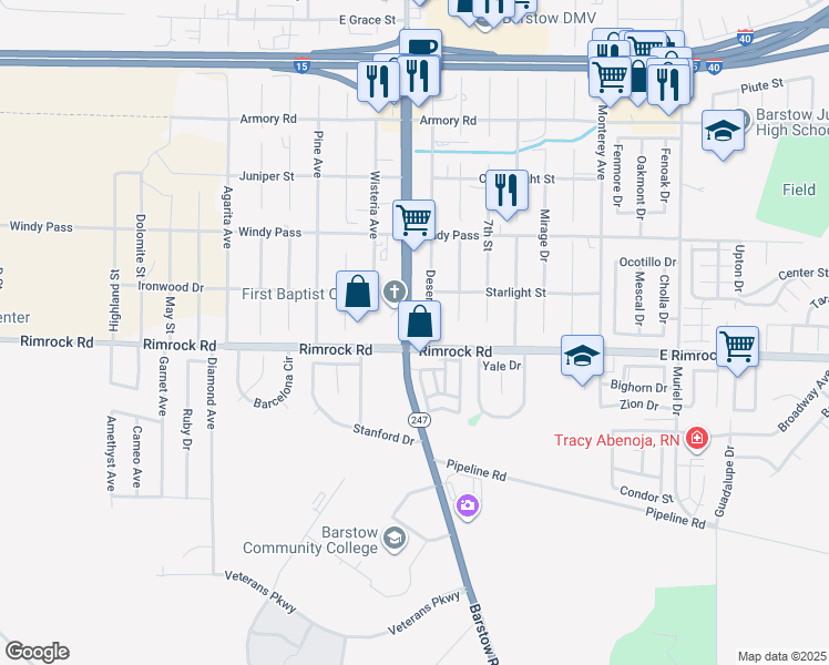 map of restaurants, bars, coffee shops, grocery stores, and more near 1341 Barstow Road in Barstow