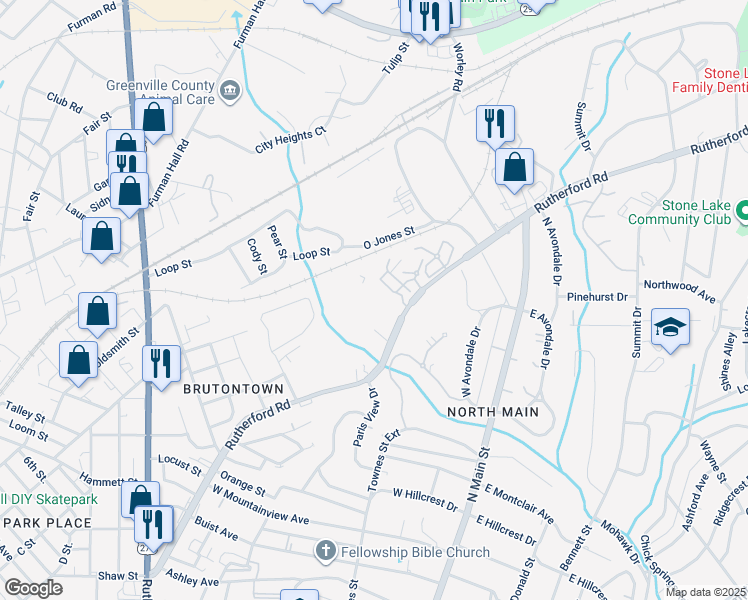 map of restaurants, bars, coffee shops, grocery stores, and more near 663 Rutherford Road in Greenville