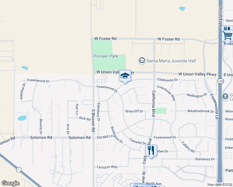 map of restaurants, bars, coffee shops, grocery stores, and more near 1096 Foxenwood Drive in Santa Maria