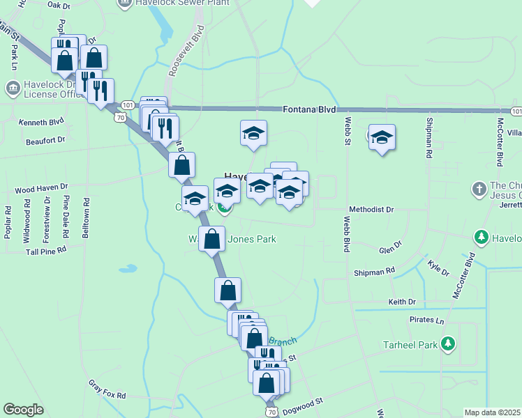 map of restaurants, bars, coffee shops, grocery stores, and more near 201 Cunningham Boulevard in Havelock