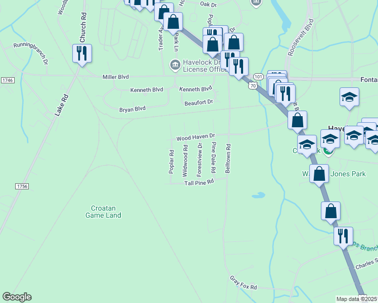 map of restaurants, bars, coffee shops, grocery stores, and more near 205 Wildwood Road in Havelock