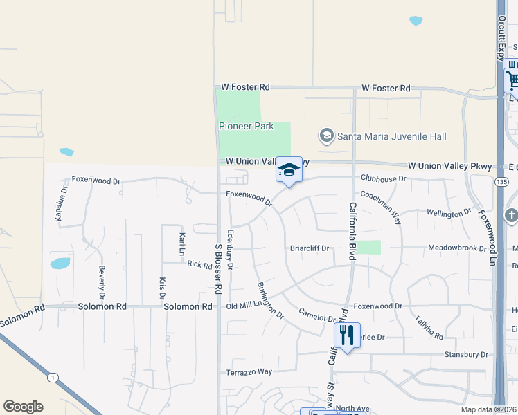 map of restaurants, bars, coffee shops, grocery stores, and more near 1117 Clubhouse Drive in Santa Maria