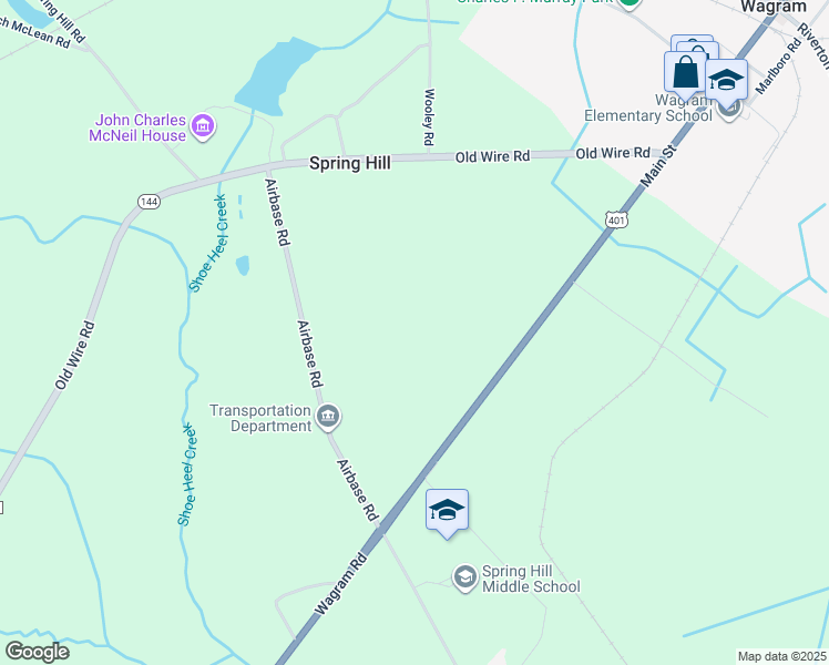 map of restaurants, bars, coffee shops, grocery stores, and more near 23326 Wagram Road in Wagram