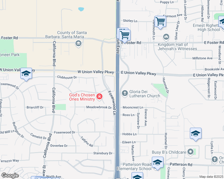 map of restaurants, bars, coffee shops, grocery stores, and more near 4326 Foxenwood Circle in Santa Maria