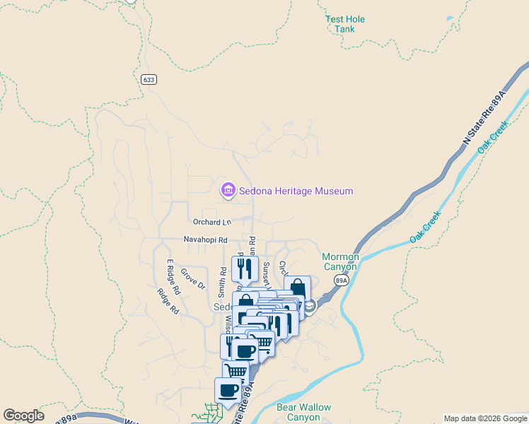 map of restaurants, bars, coffee shops, grocery stores, and more near 730 Jordan Road in Sedona