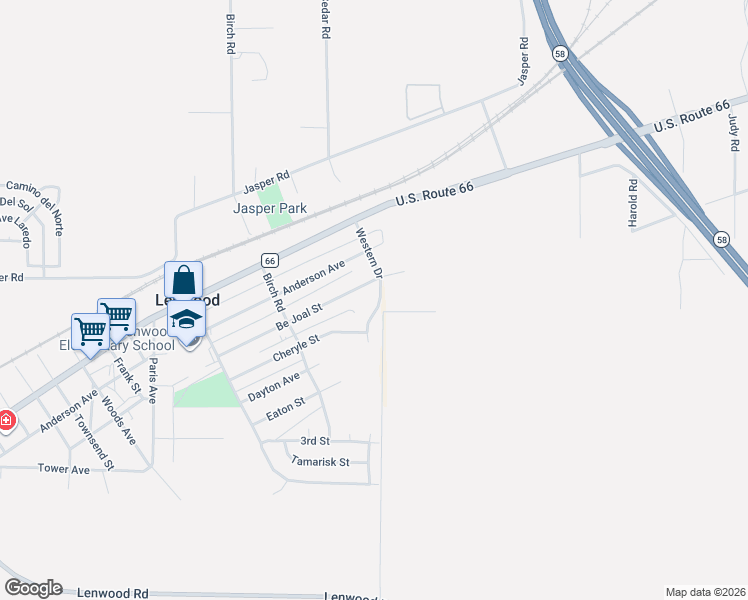 map of restaurants, bars, coffee shops, grocery stores, and more near 25677 Bejoal Street in Barstow