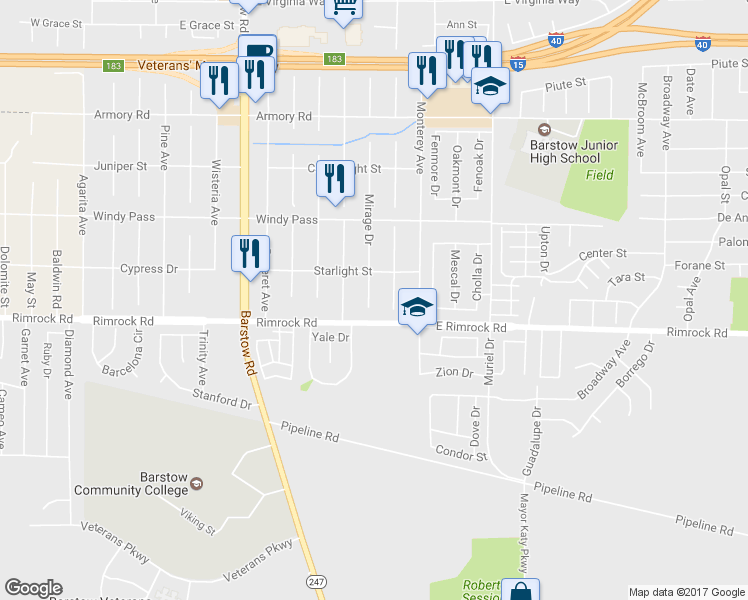 map of restaurants, bars, coffee shops, grocery stores, and more near 1351 Mirage Drive in Barstow