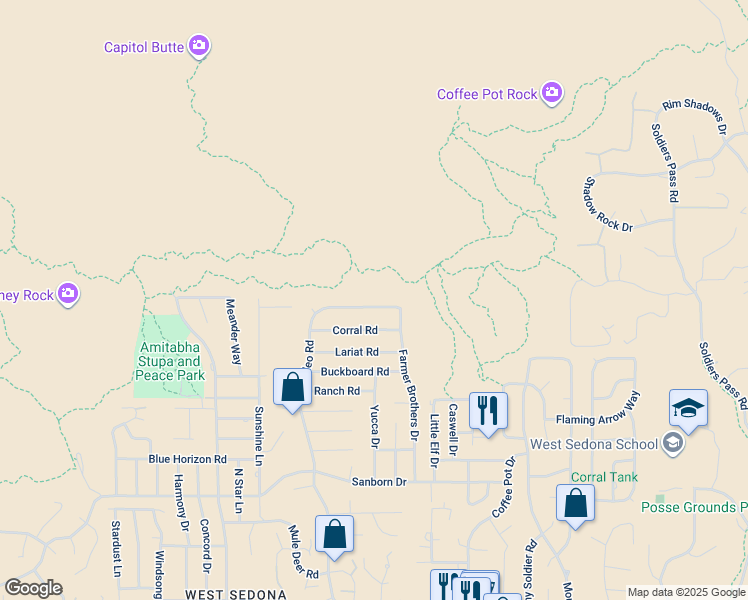 map of restaurants, bars, coffee shops, grocery stores, and more near 1115 Rodeo Road in Sedona